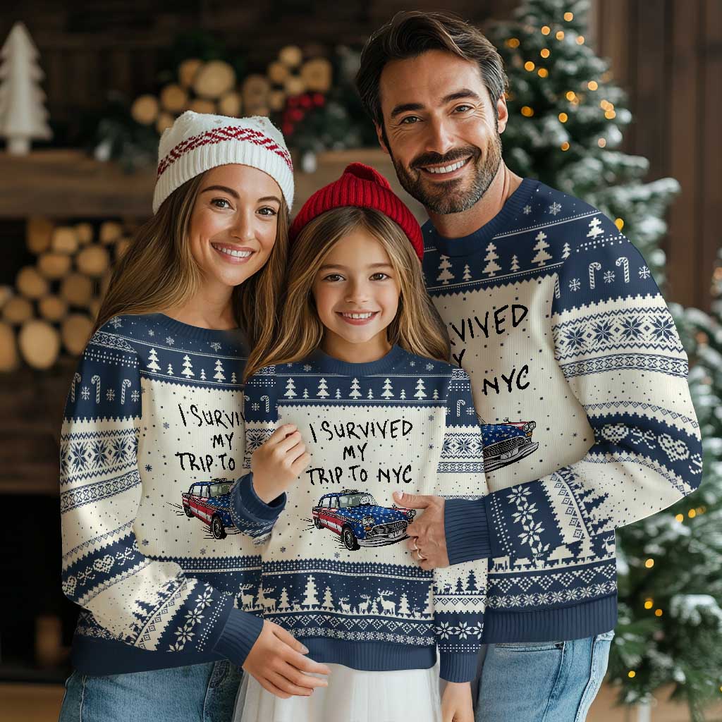 I Survived My Trip to NYC Ugly Christmas Sweater Funny New York City USA Flag Taxi Meme Gift