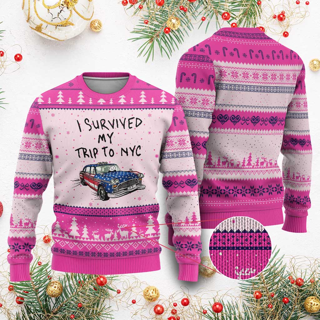 I Survived My Trip to NYC Ugly Christmas Sweater Funny New York City USA Flag Taxi Meme Gift