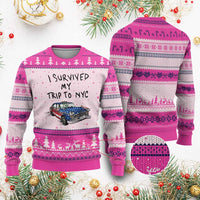I Survived My Trip to NYC Ugly Christmas Sweater Funny New York City USA Flag Taxi Meme Gift