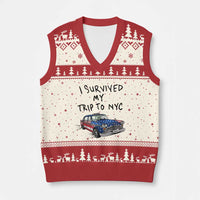 I Survived My Trip to NYC V-Neck Knit Sweater Vest Funny New York City USA Flag Taxi Meme Gift