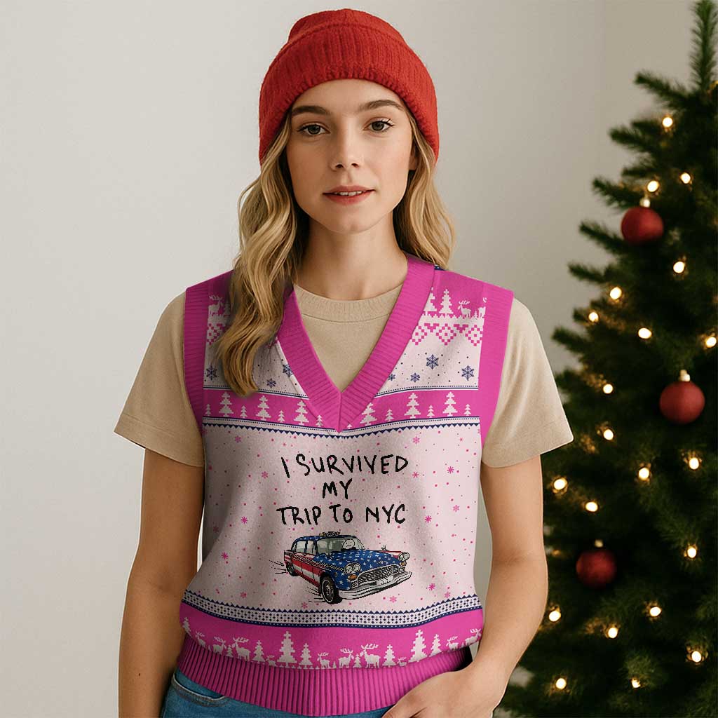 I Survived My Trip to NYC V-Neck Knit Sweater Vest Funny New York City USA Flag Taxi Meme Gift