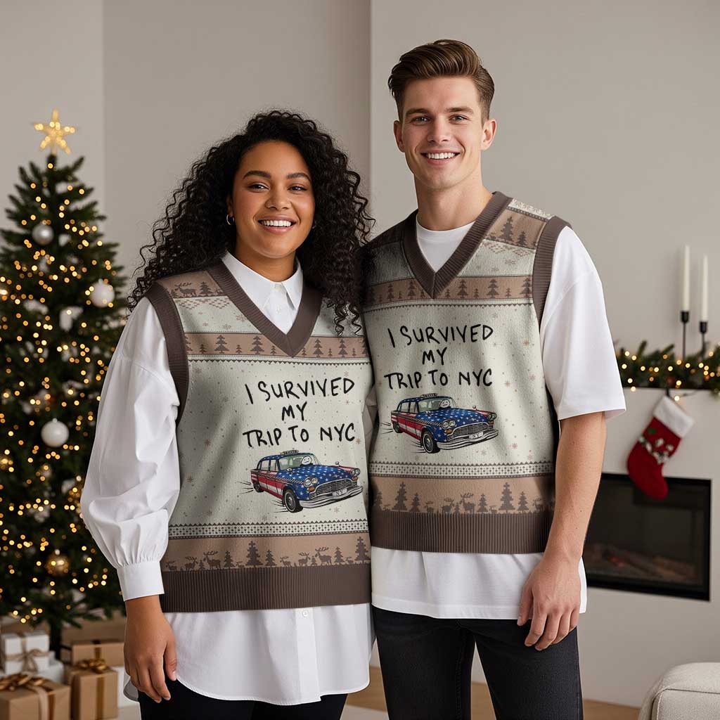 I Survived My Trip to NYC V-Neck Knit Sweater Vest Funny New York City USA Flag Taxi Meme Gift