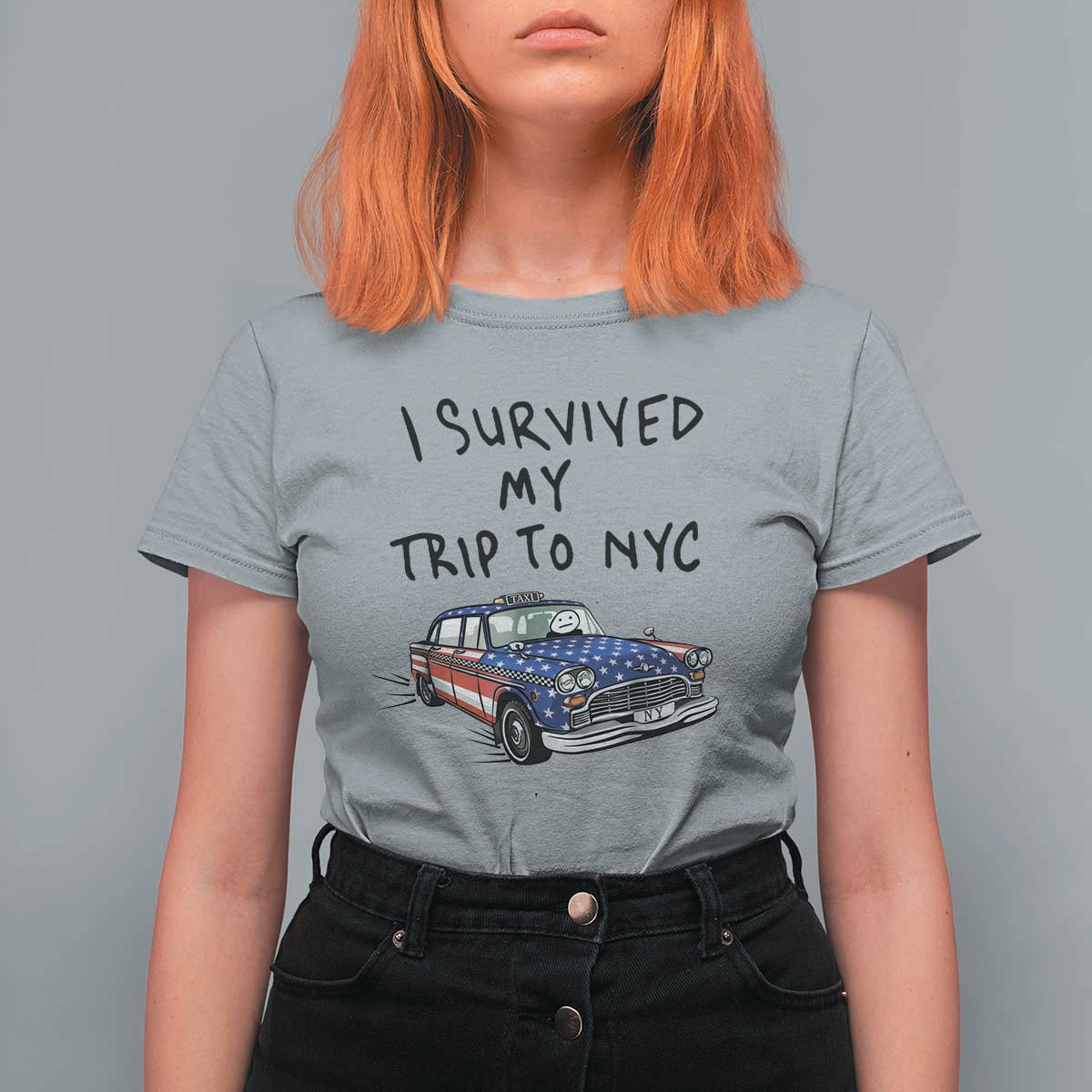 I Survived My Trip to NYC T Shirt For Women Funny New York City USA Flag Taxi Meme Gift