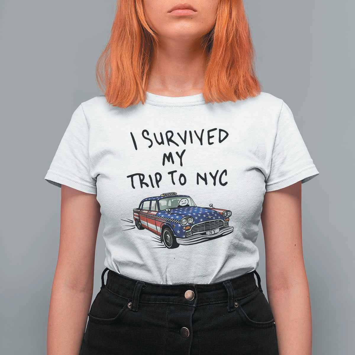 I Survived My Trip to NYC T Shirt For Women Funny New York City USA Flag Taxi Meme Gift