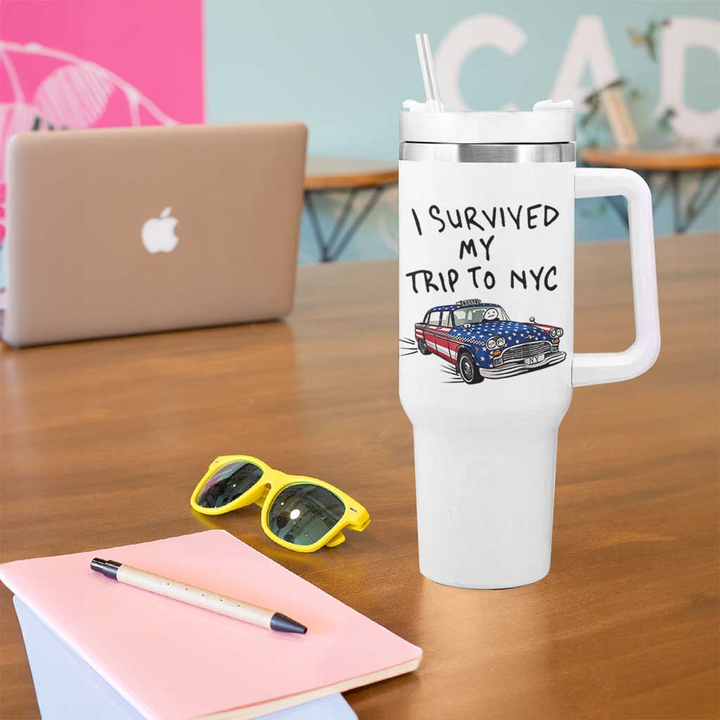 I Survived My Trip to NYC Tumbler With Handle Funny New York City USA Flag Taxi Meme Gift