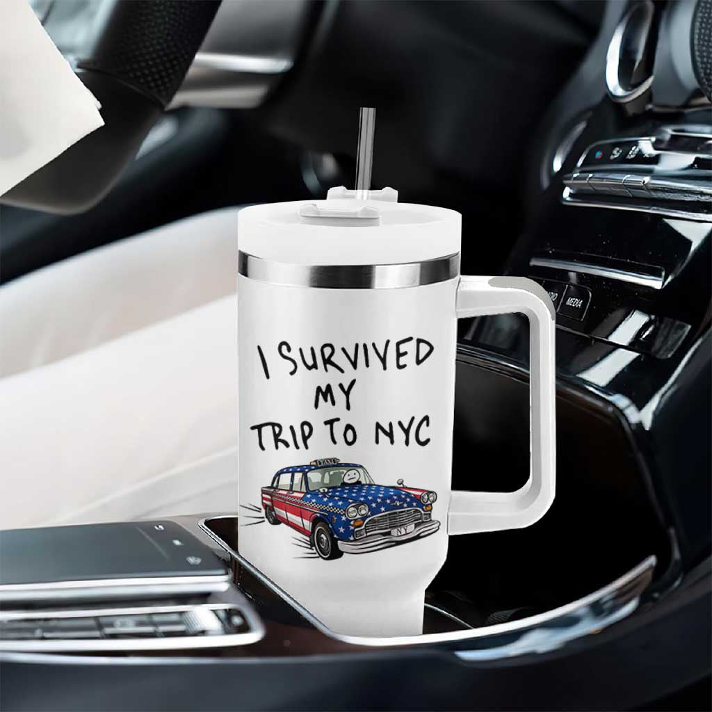 I Survived My Trip to NYC Tumbler With Handle Funny New York City USA Flag Taxi Meme Gift