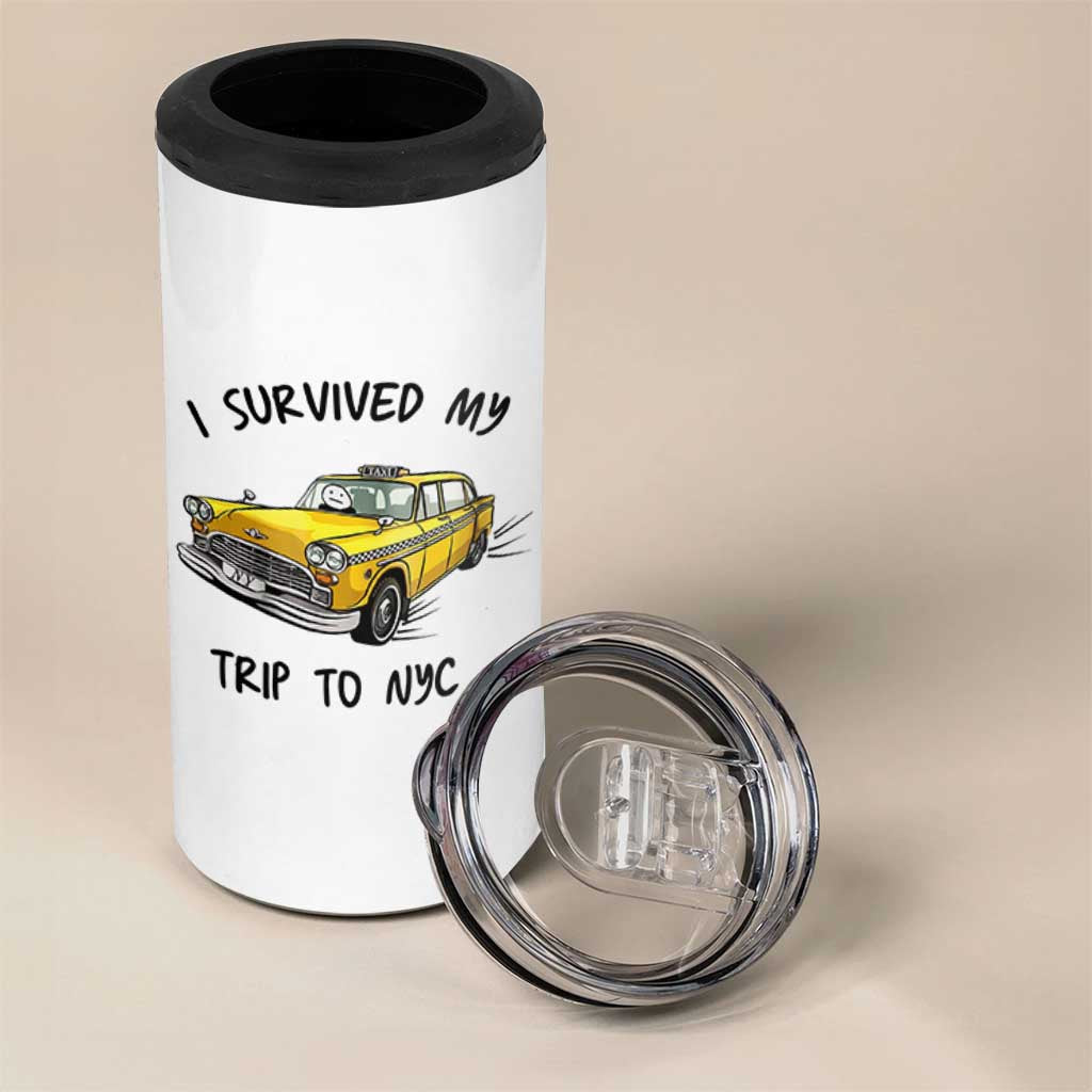 I Survived My Trip to NYC 4 in 1 Can Cooler Tumbler Funny New York City Yellow Taxi Meme Gift