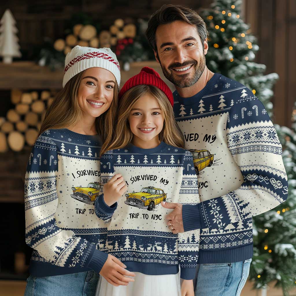 I Survived My Trip to NYC Ugly Christmas Sweater Funny New York City Yellow Taxi Meme Gift