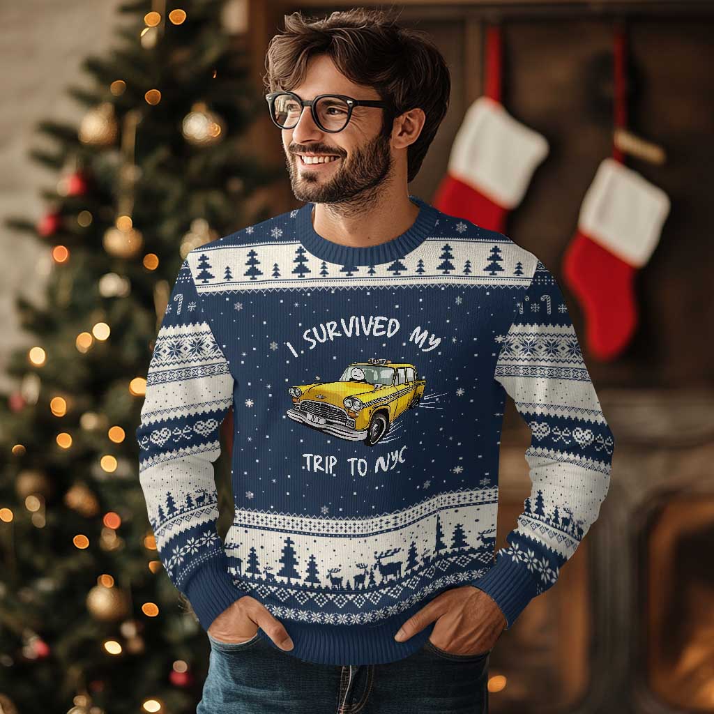 I Survived My Trip to NYC Ugly Christmas Sweater Funny New York City Yellow Taxi Meme