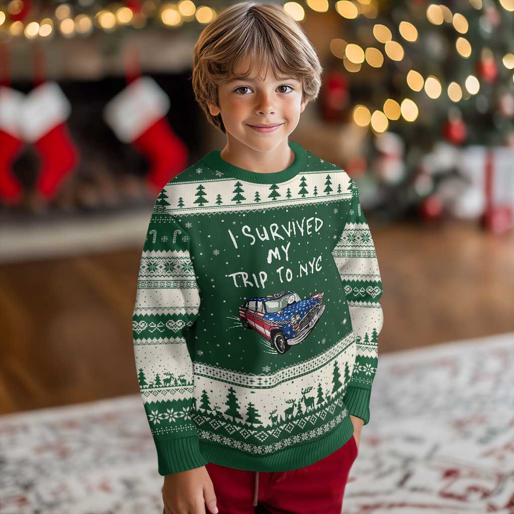 I Survived My Trip to NYC Ugly Christmas Sweater Funny New York City USA Flag Taxi Meme