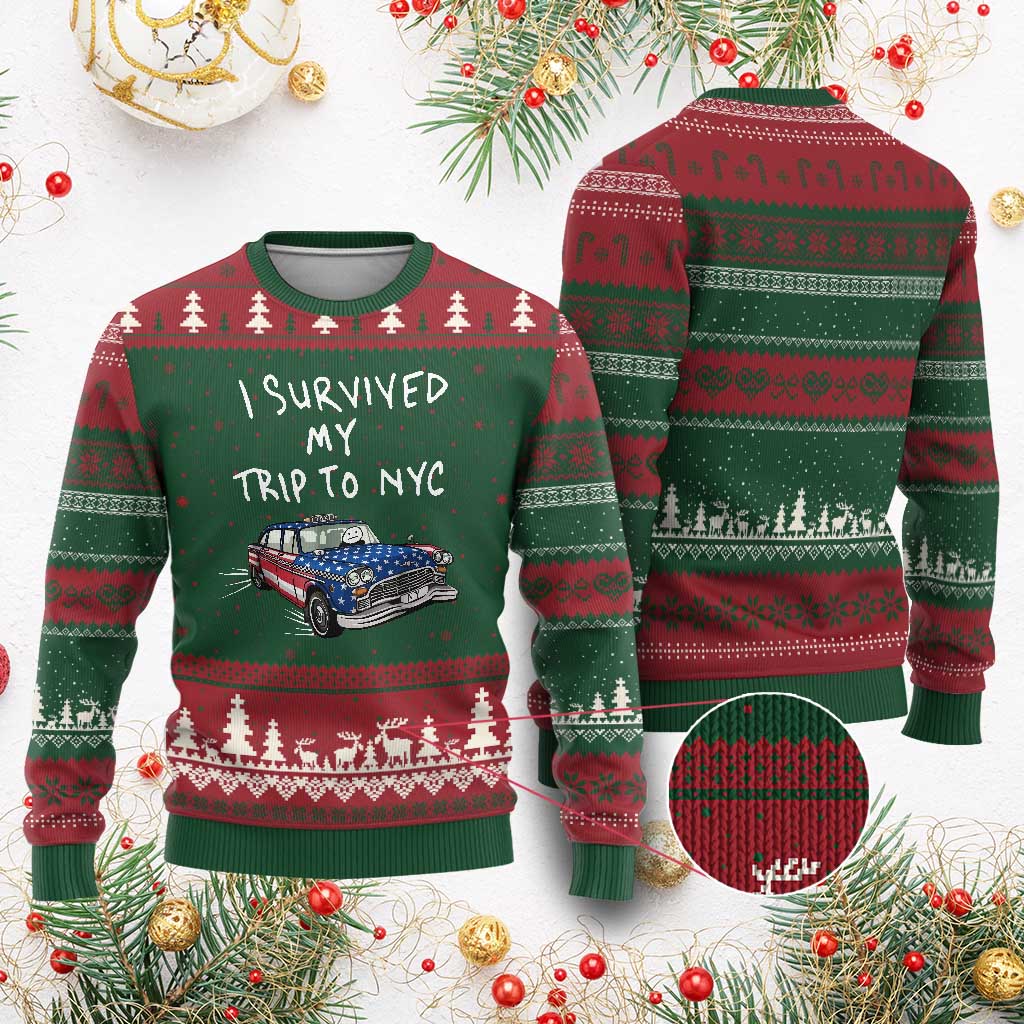 I Survived My Trip to NYC Ugly Christmas Sweater Funny New York City USA Flag Taxi Meme