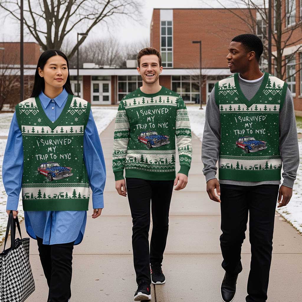 I Survived My Trip to NYC V-Neck Knit Sweater Vest Funny New York City USA Flag Taxi Meme