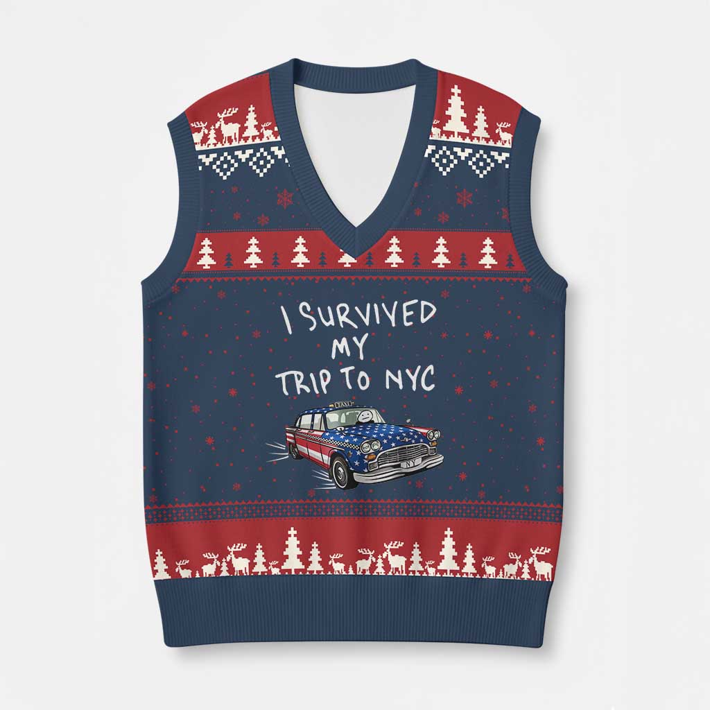 I Survived My Trip to NYC V-Neck Knit Sweater Vest Funny New York City USA Flag Taxi Meme