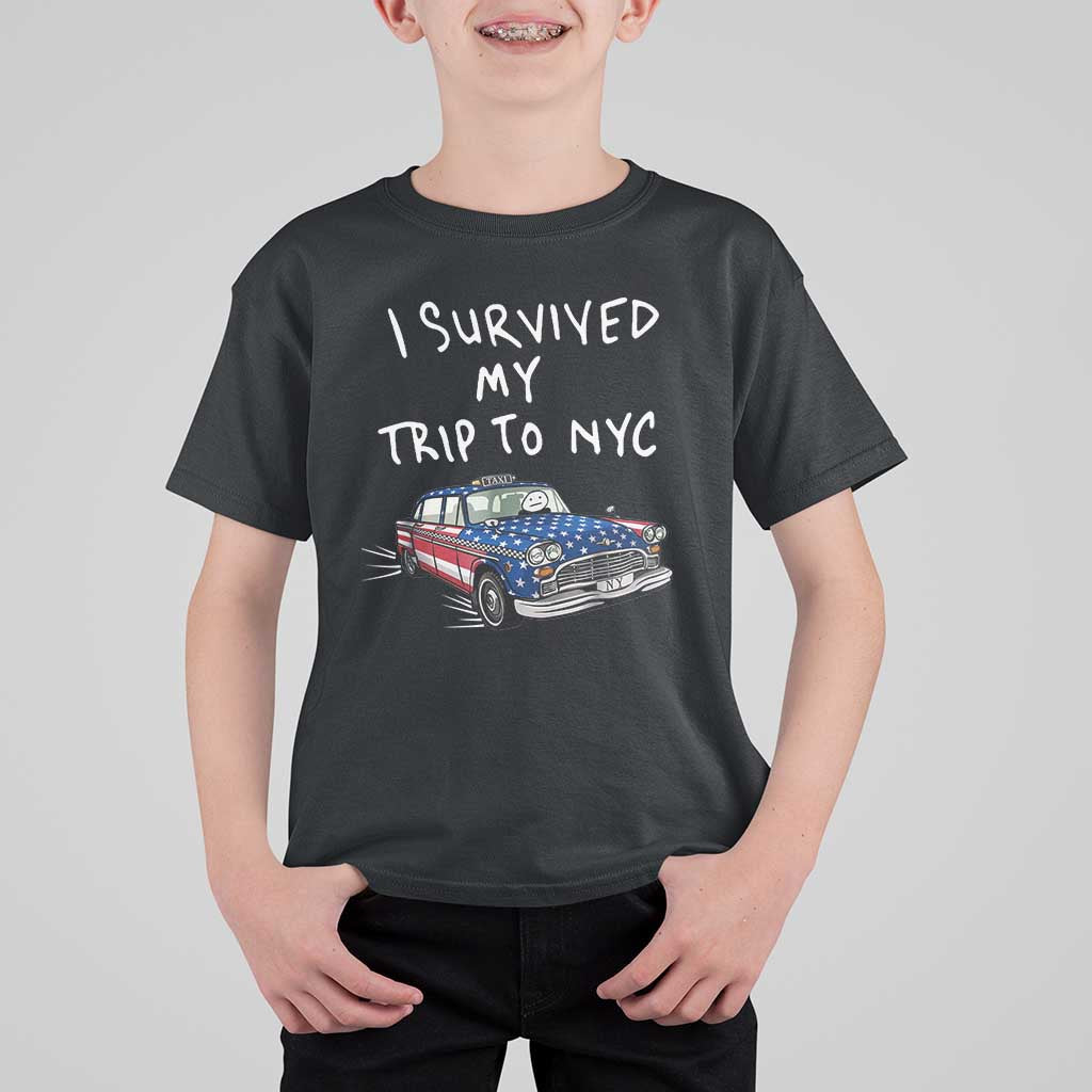 I Survived My Trip to NYC T Shirt For Kid Funny New York City USA Flag Taxi Meme
