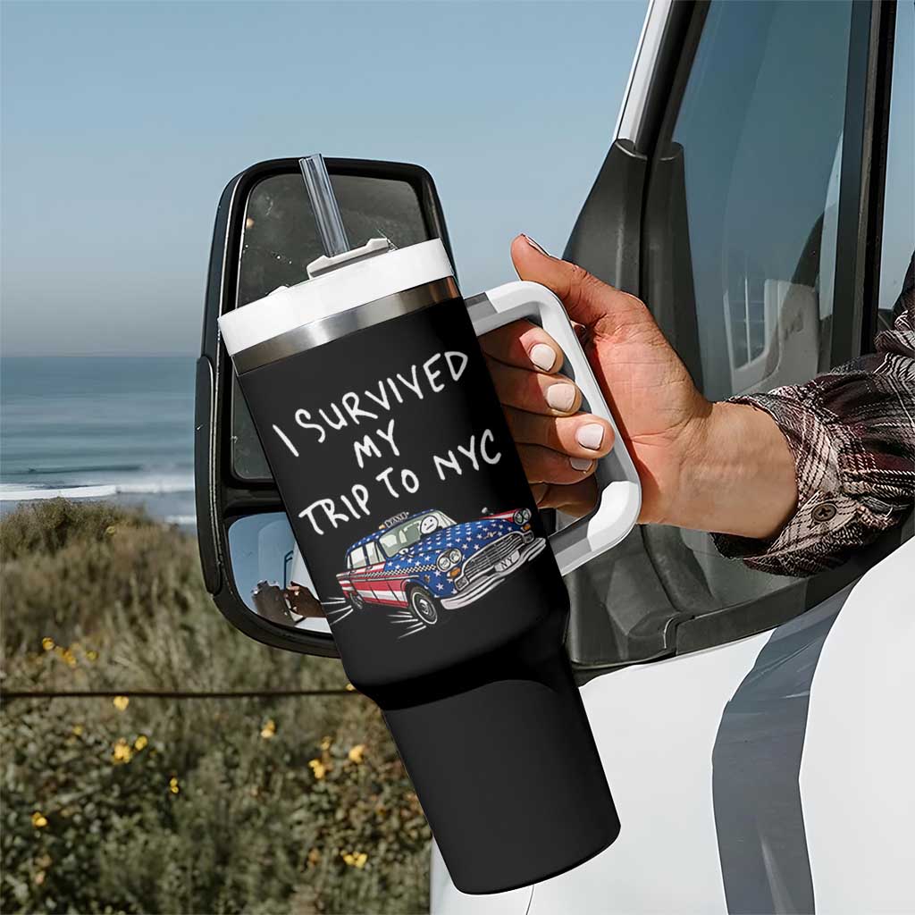 I Survived My Trip to NYC Tumbler With Handle Funny New York City USA Flag Taxi Meme
