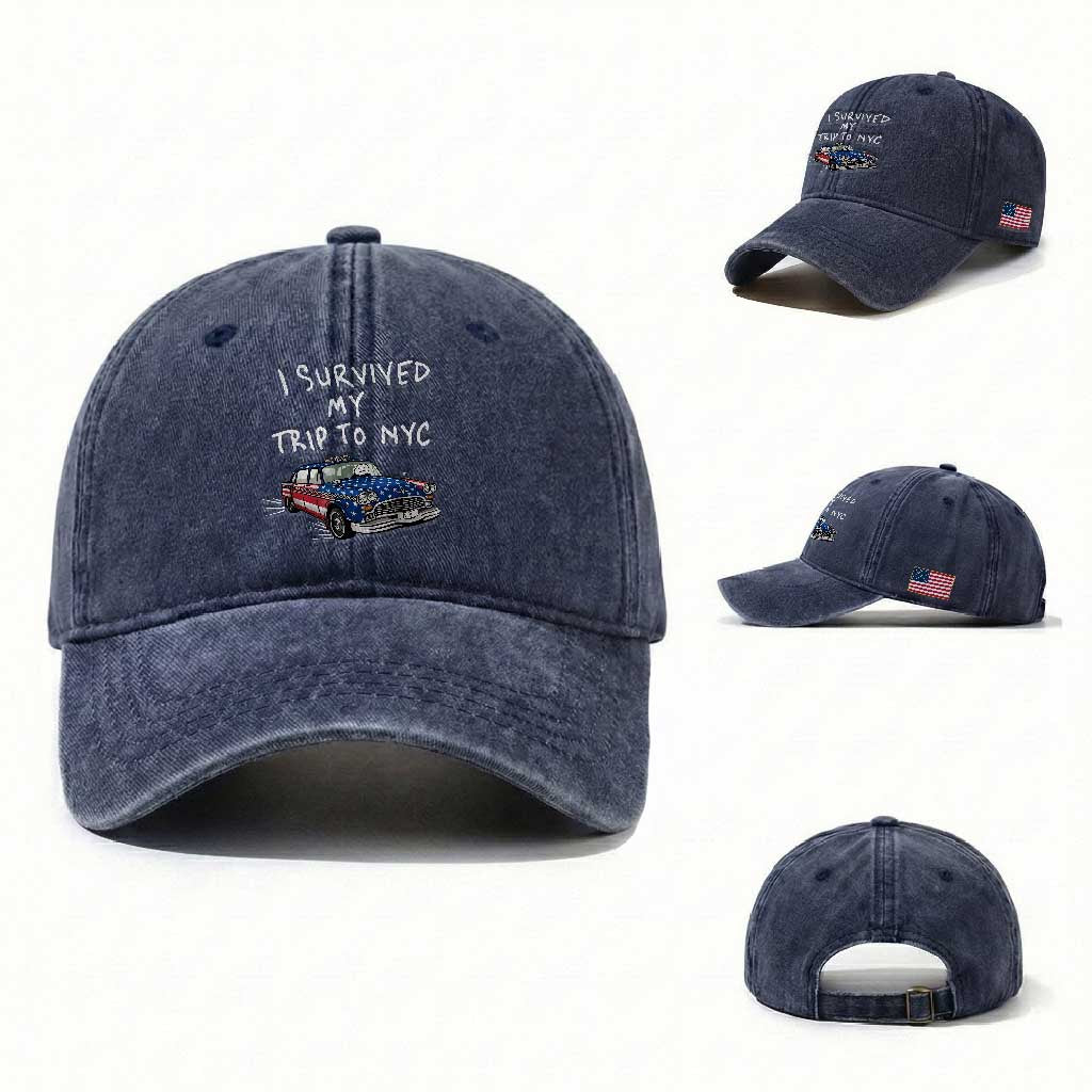 I Survived My Trip to NYC Washed Cotton Baseball Cap Funny New York City USA Flag Taxi Meme