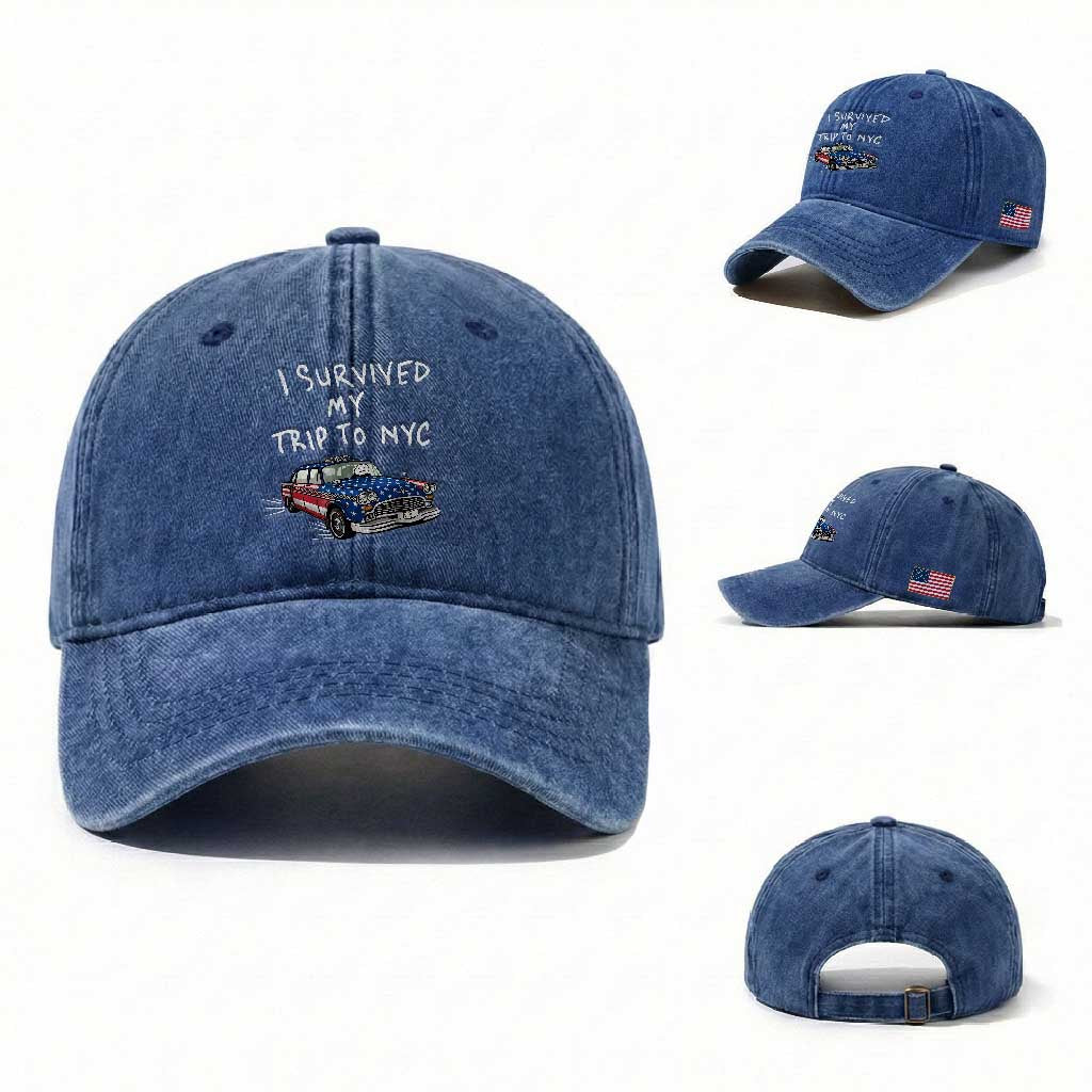 I Survived My Trip to NYC Washed Cotton Baseball Cap Funny New York City USA Flag Taxi Meme