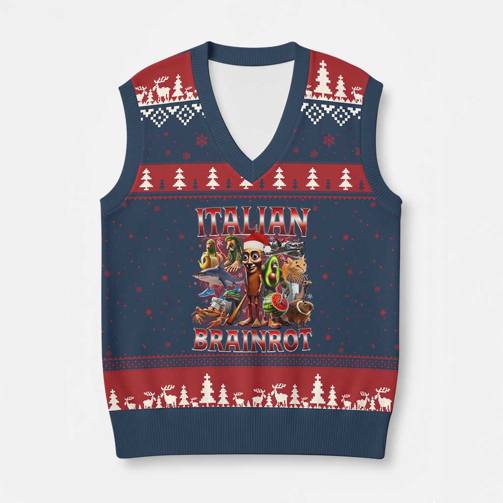 Italian Brainrot Xmas Meme V-Neck Knit Sweater Vest Funny Brain Rot Gen Z Meme - Wonder Print Shop