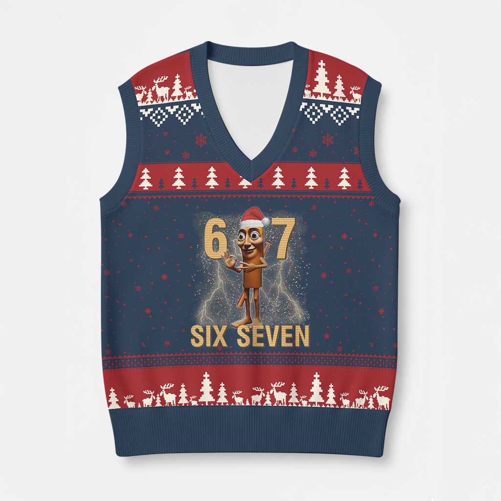 67 Six Seven Italian Brainrot Meme V-Neck Knit Sweater Vest Funny Tung Tung Tung Sahur Xmas - Wonder Print Shop