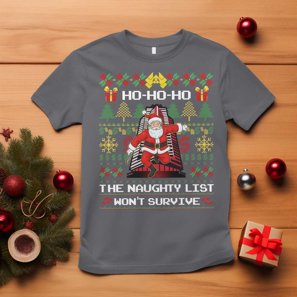 Nakatomi Plaza Christmas T Shirt Funny Santa Gun Cosplay Xmas - Wonder Print Shop