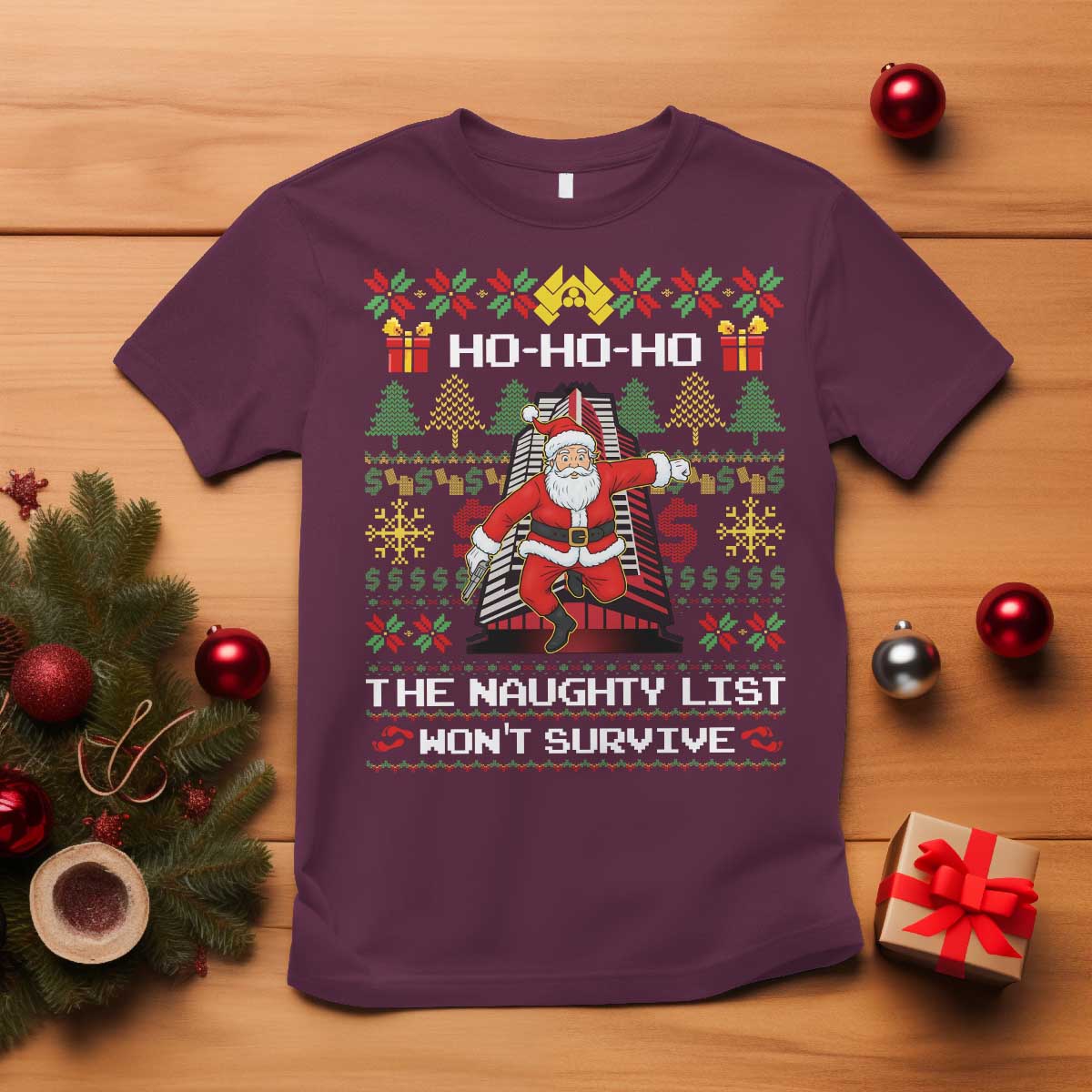 Nakatomi Plaza Christmas T Shirt Funny Santa Gun Cosplay Xmas - Wonder Print Shop