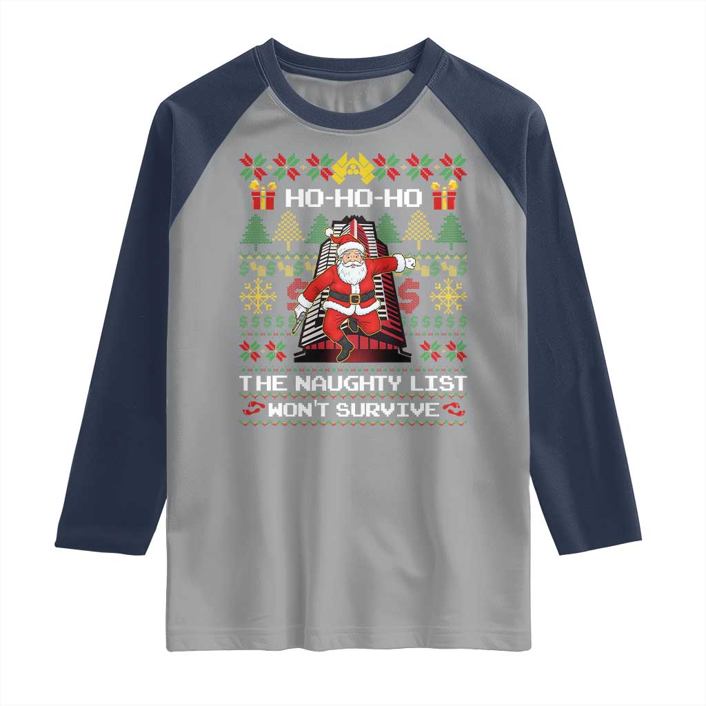 Nakatomi Plaza Christmas Raglan Shirt Funny Santa Gun Cosplay Xmas - Wonder Print Shop
