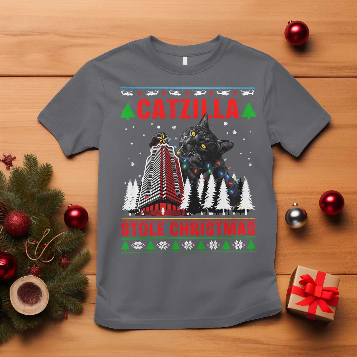 Nakatomi Plaza Christmas T Shirt Funny Catzilla Monster Xmas - Wonder Print Shop