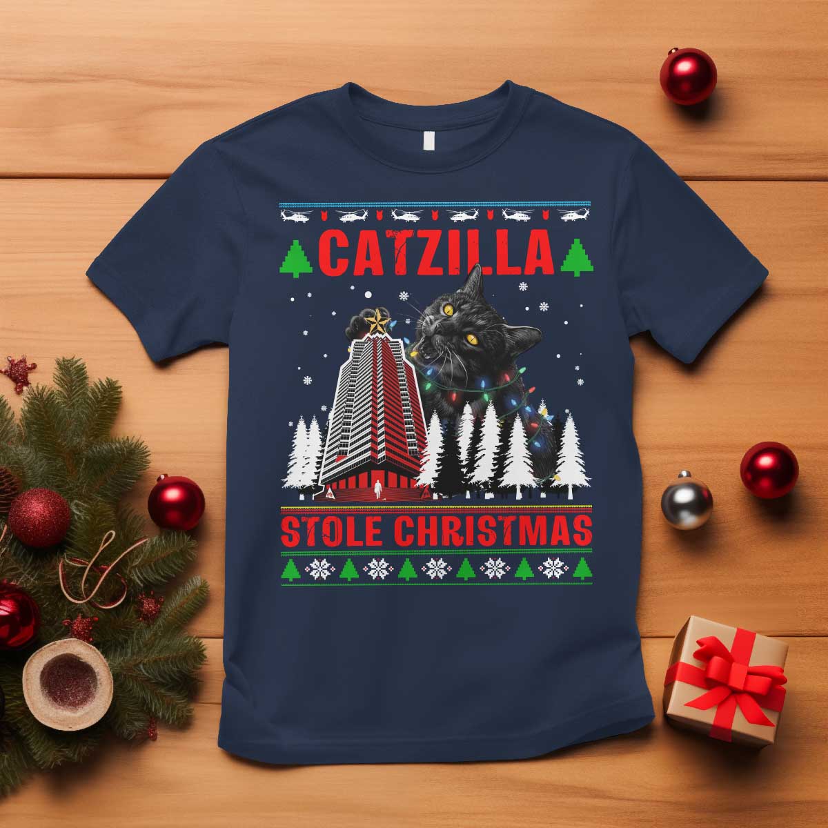 Nakatomi Plaza Christmas T Shirt Funny Catzilla Monster Xmas - Wonder Print Shop