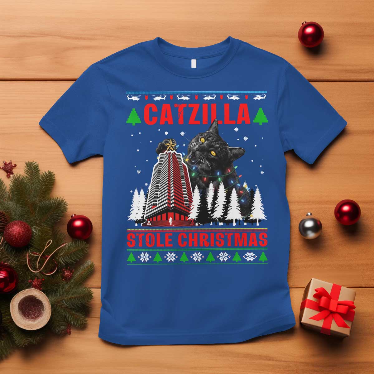Nakatomi Plaza Christmas T Shirt Funny Catzilla Monster Xmas - Wonder Print Shop