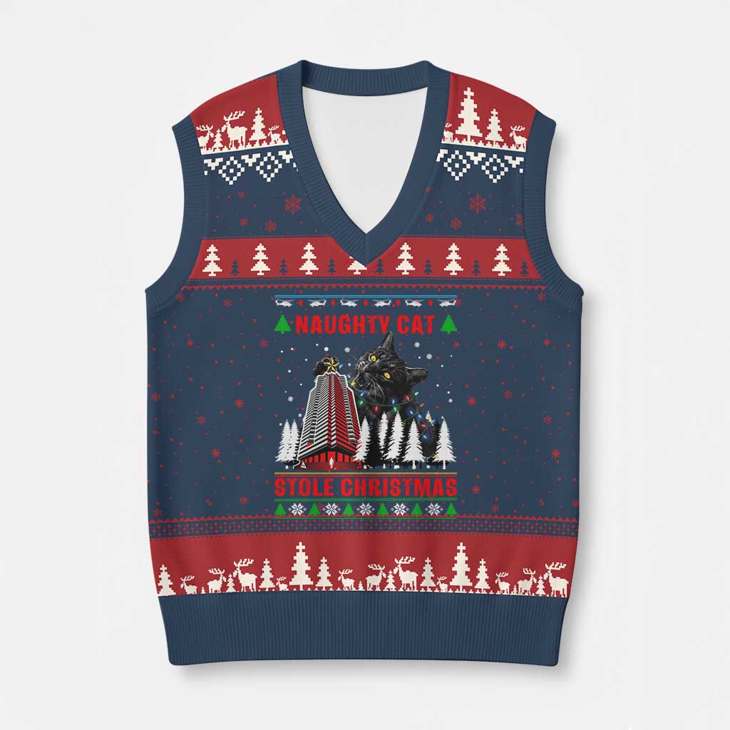 Nakatomi Plaza Xmas V-Neck Knit Sweater Vest Funny Catzilla Monster Xmas - Wonder Print Shop