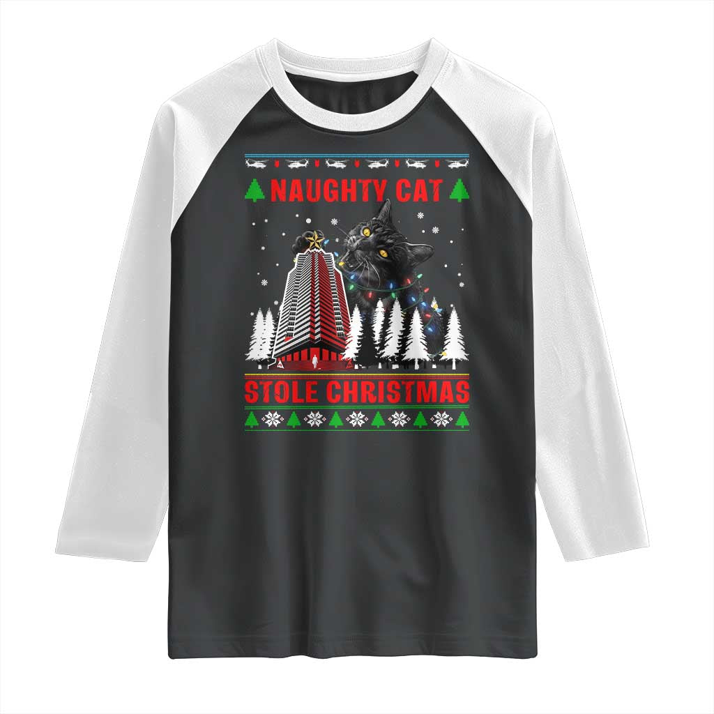 Nakatomi Plaza Christmas Raglan Shirt Funny Catzilla Monster Xmas - Wonder Print Shop