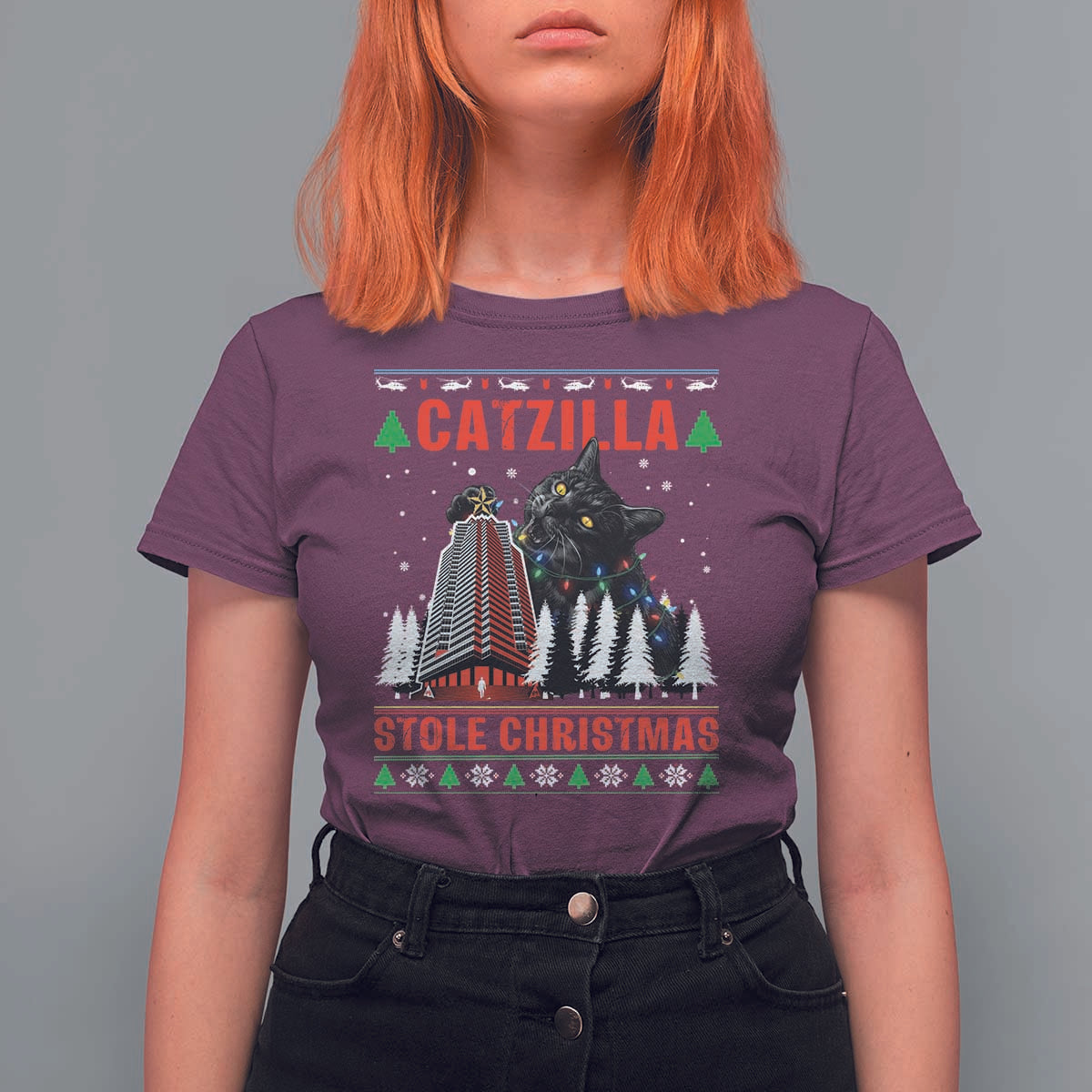 Nakatomi Plaza Christmas T Shirt For Women Funny Catzilla Monster Xmas - Wonder Print Shop