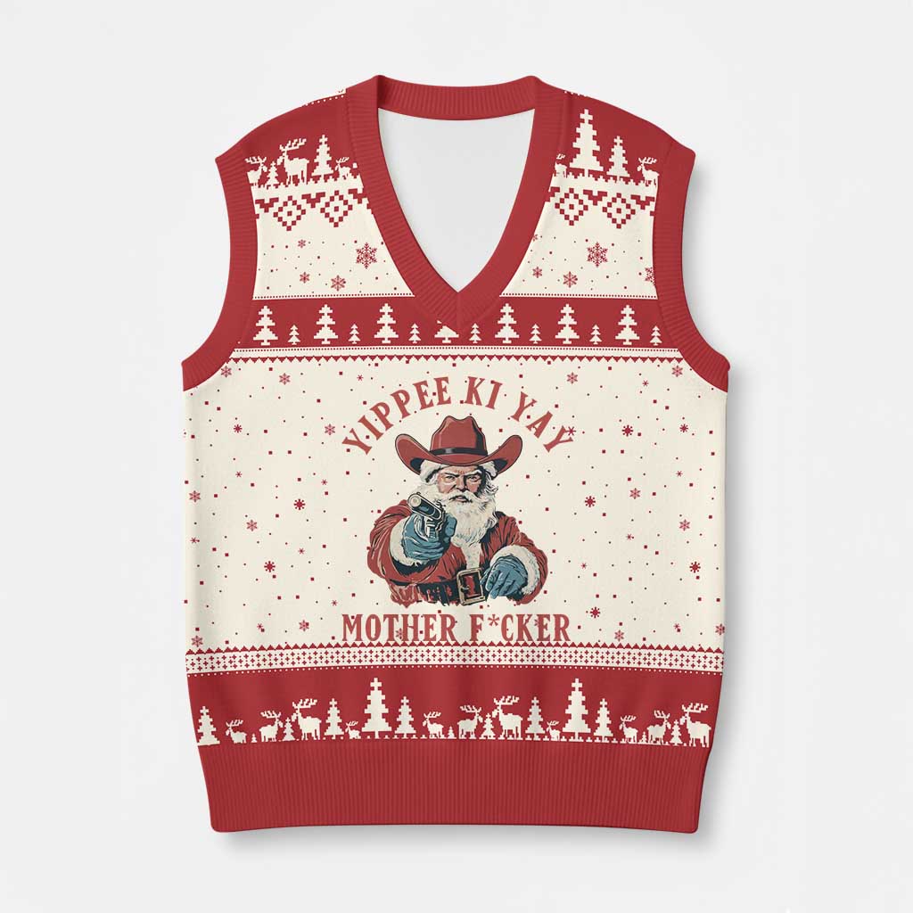 Yippee Ki Yay Mother Fcker V-Neck Knit Sweater Vest Funny Santa Gun Xmas - Wonder Print Shop