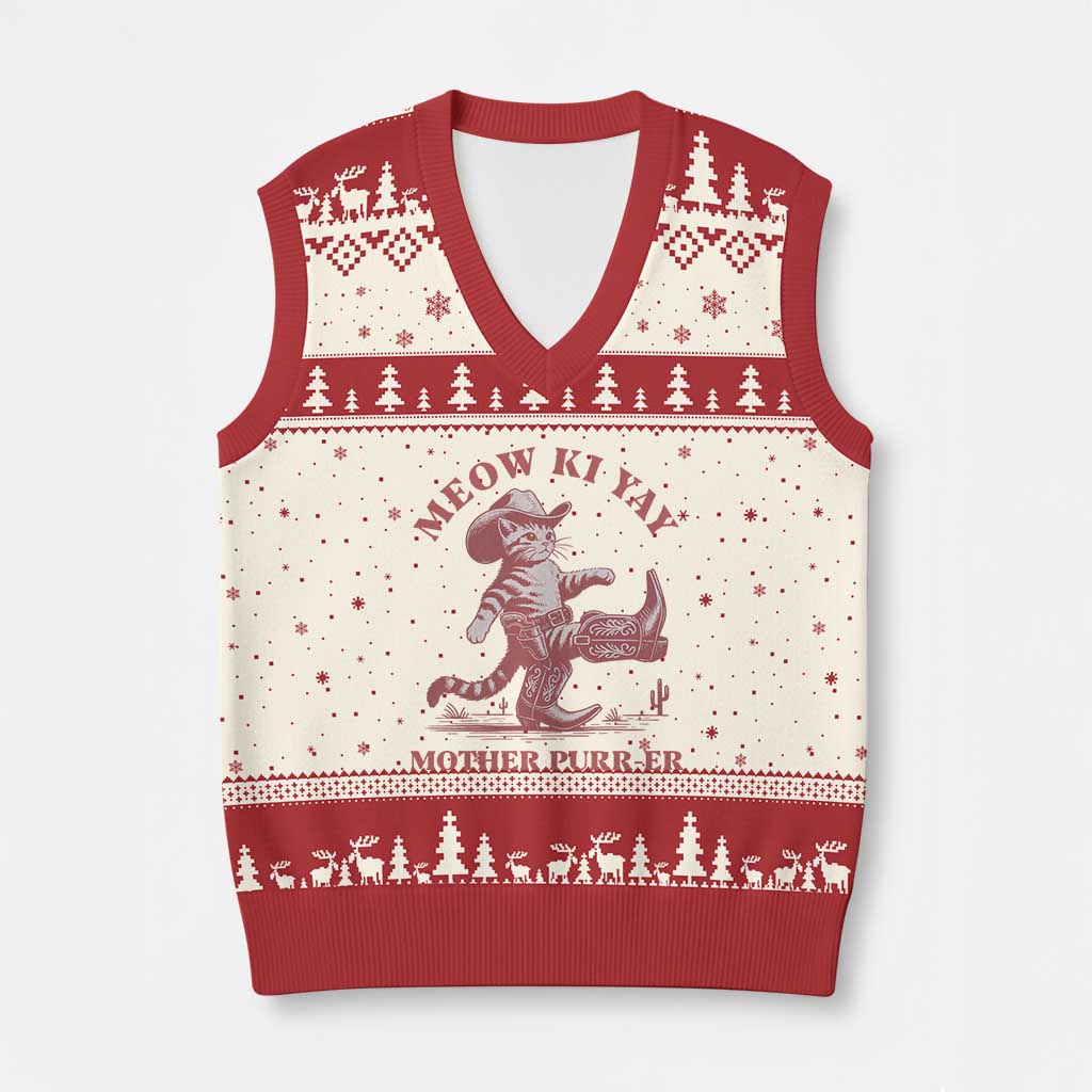 Funny Cowboy Cat V-Neck Knit Sweater Vest Western Rodeo Meow Ki Yay Mother Purrer - Wonder Print Shop