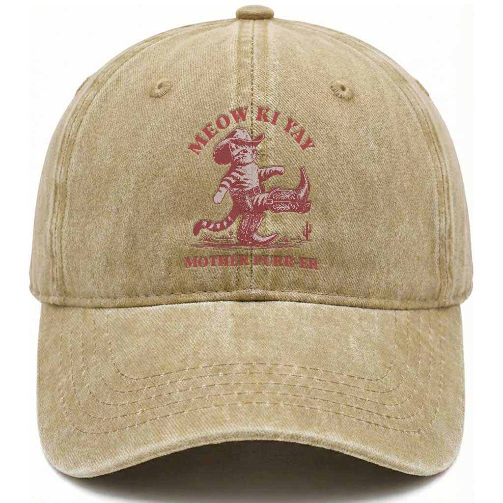 Funny Cowboy Cat Washed Cotton Baseball Cap Western Rodeo Meow Ki Yay Mother Purrer