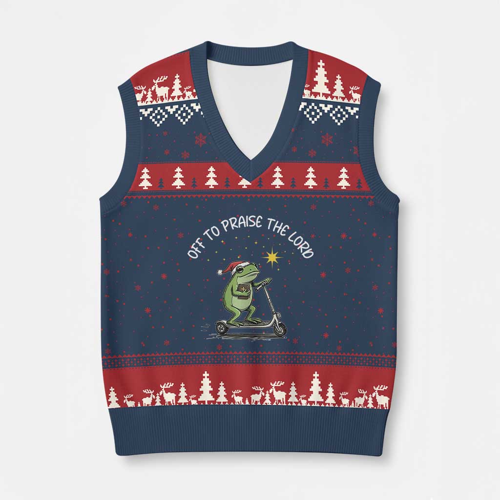 Funny Frog Christian V-Neck Knit Sweater Vest Off To Praise The Lord - Wonder Print Shop