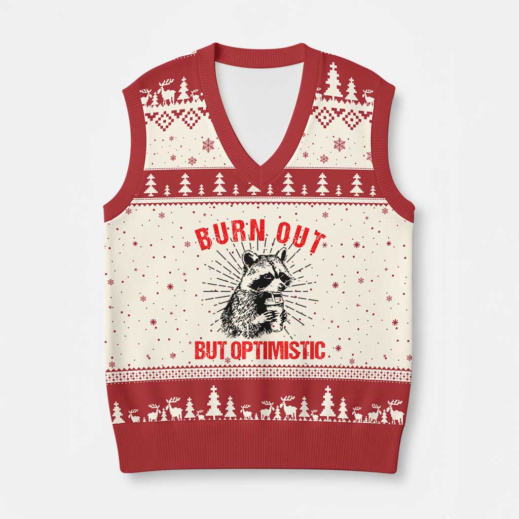 Burnt Out But Optimistic V-Neck Knit Sweater Vest Funny Raccoon Meme - Wonder Print Shop