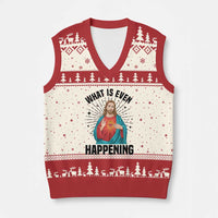 What Is Even Happening V-Neck Knit Sweater Vest Funny Christian - Wonder Print Shop
