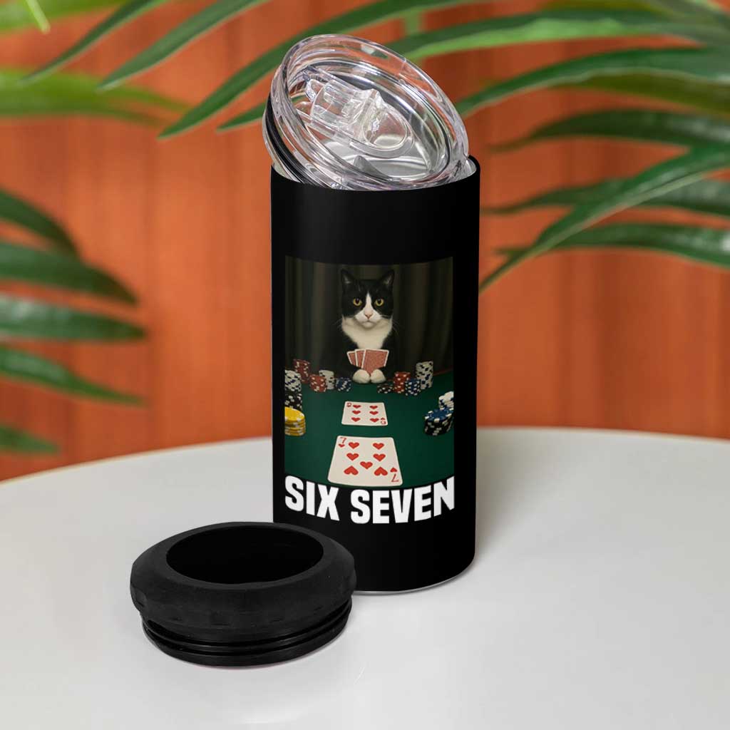 67 Poker Cat 4 in 1 Can Cooler Tumbler Funny Six Seven Meme - Wonder Print Shop