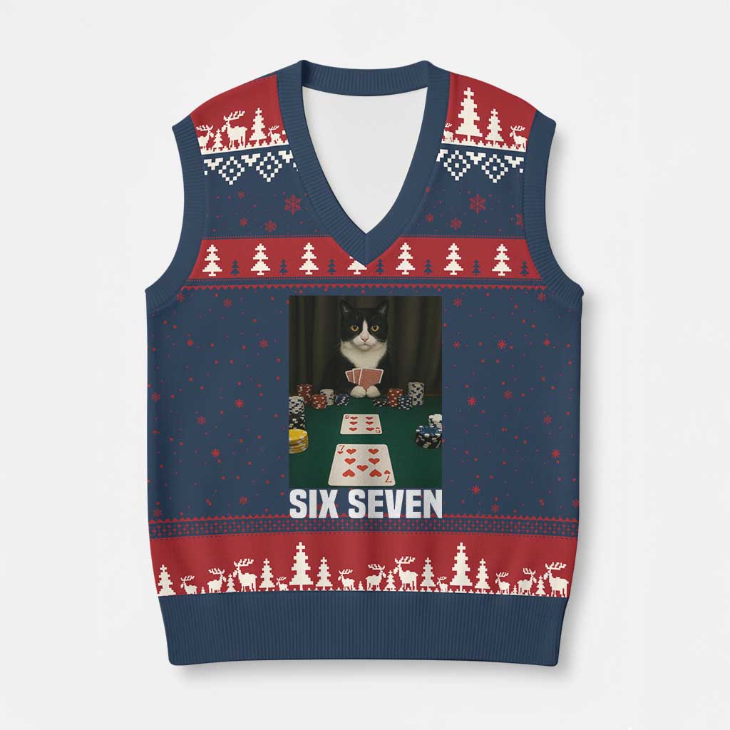 67 Poker Cat V-Neck Knit Sweater Vest Funny Six Seven Meme - Wonder Print Shop