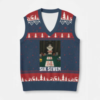 67 Poker Cat V-Neck Knit Sweater Vest Funny Six Seven Meme - Wonder Print Shop