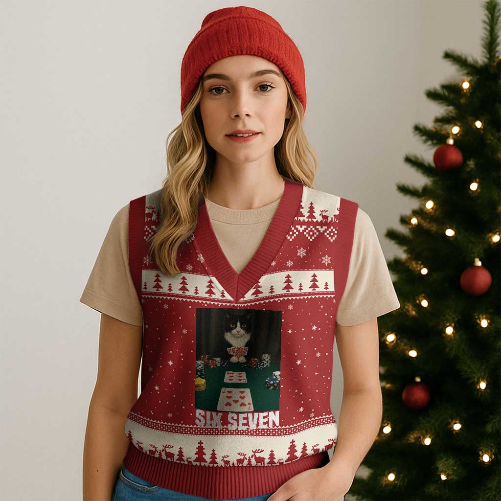67 Poker Cat V-Neck Knit Sweater Vest Funny Six Seven Meme - Wonder Print Shop