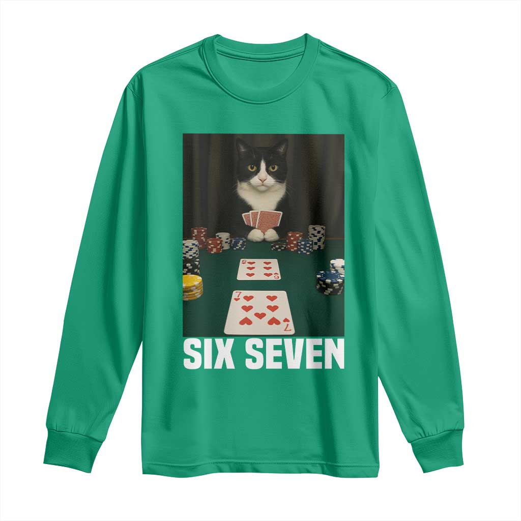 67 Poker Cat Long Sleeve Shirt Funny Six Seven Meme - Wonder Print Shop