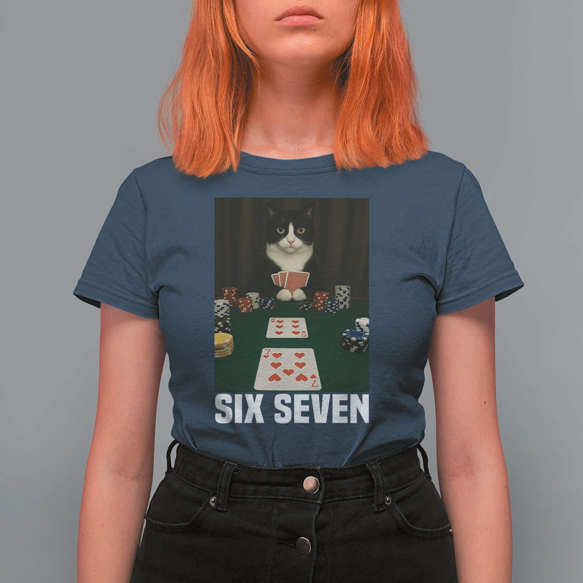 67 Poker Cat T Shirt For Women Funny Six Seven Meme - Wonder Print Shop