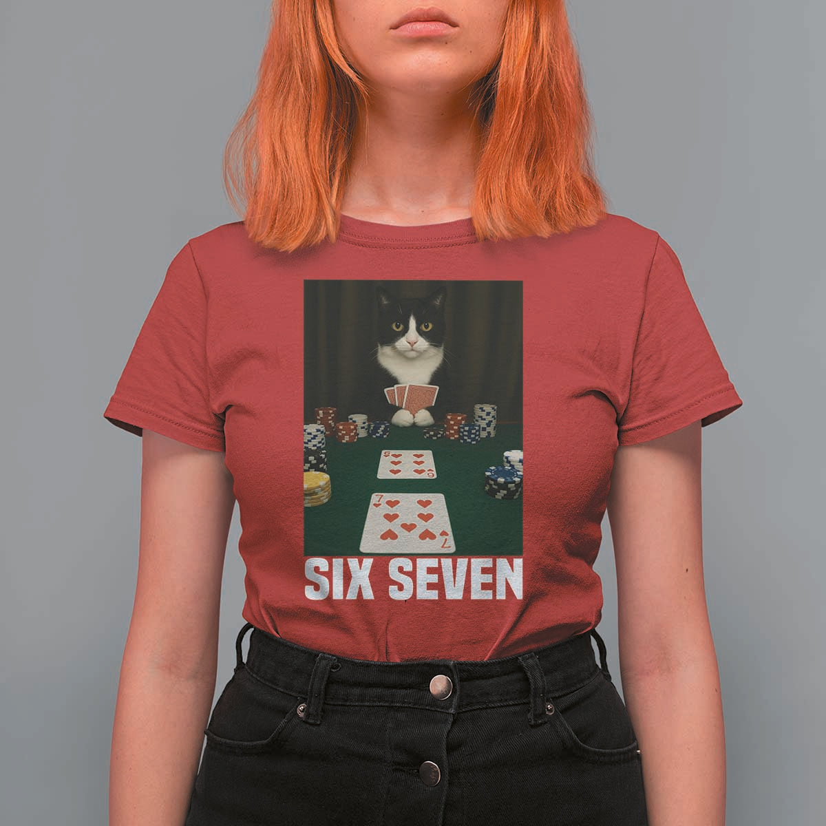 67 Poker Cat T Shirt For Women Funny Six Seven Meme - Wonder Print Shop