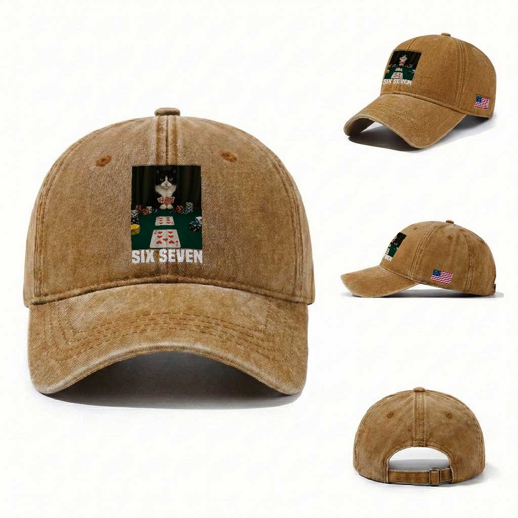 67 Poker Cat Washed Cotton Baseball Cap Funny Six Seven Meme