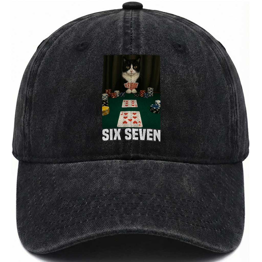 67 Poker Cat Washed Cotton Baseball Cap Funny Six Seven Meme