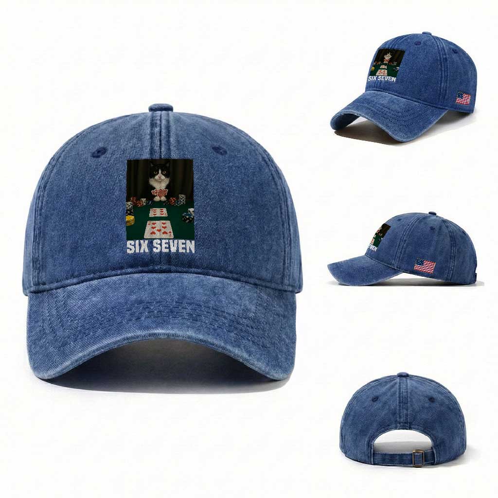 67 Poker Cat Washed Cotton Baseball Cap Funny Six Seven Meme
