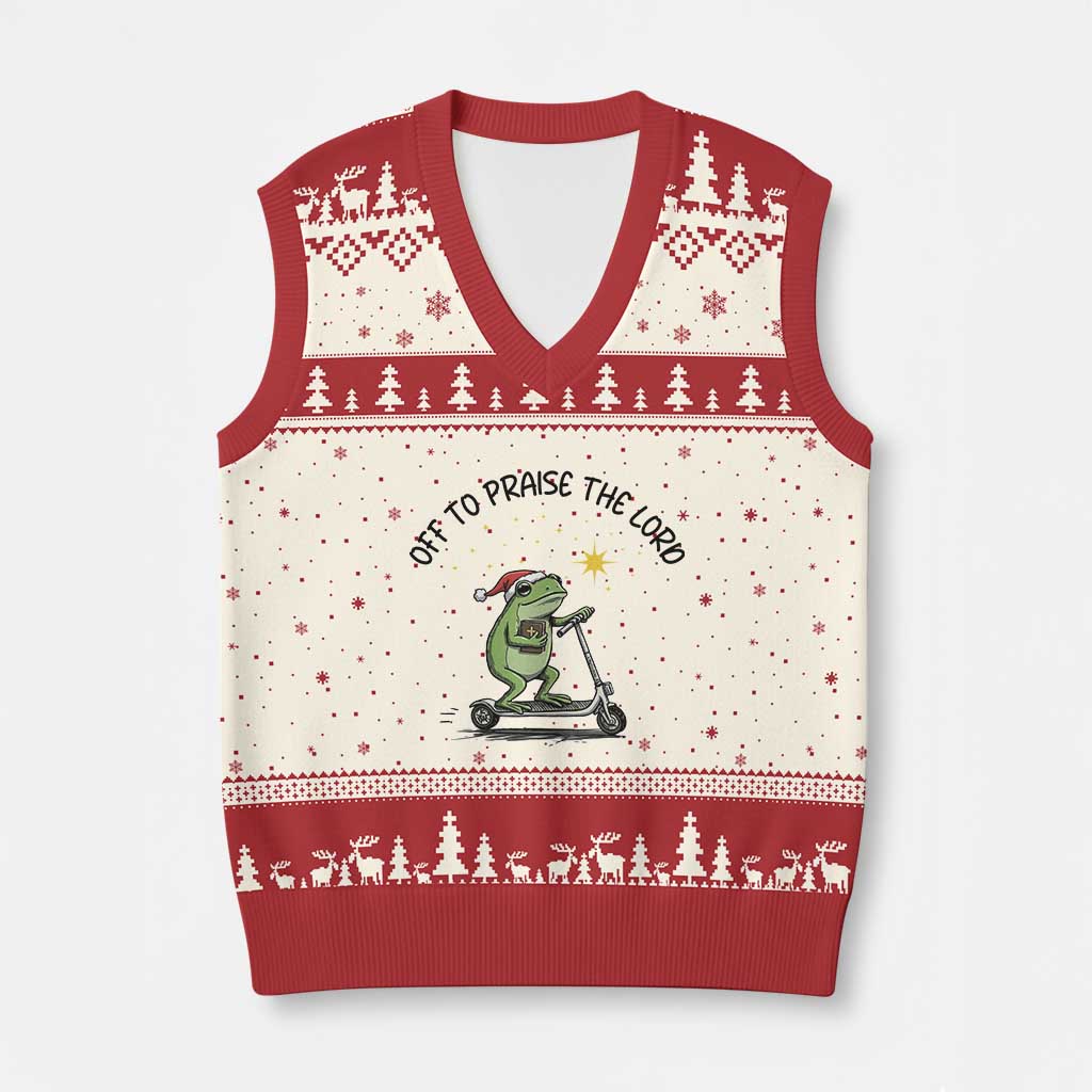 Off To Praise The Lord V-Neck Knit Sweater Vest Funny Frog Christian - Wonder Print Shop