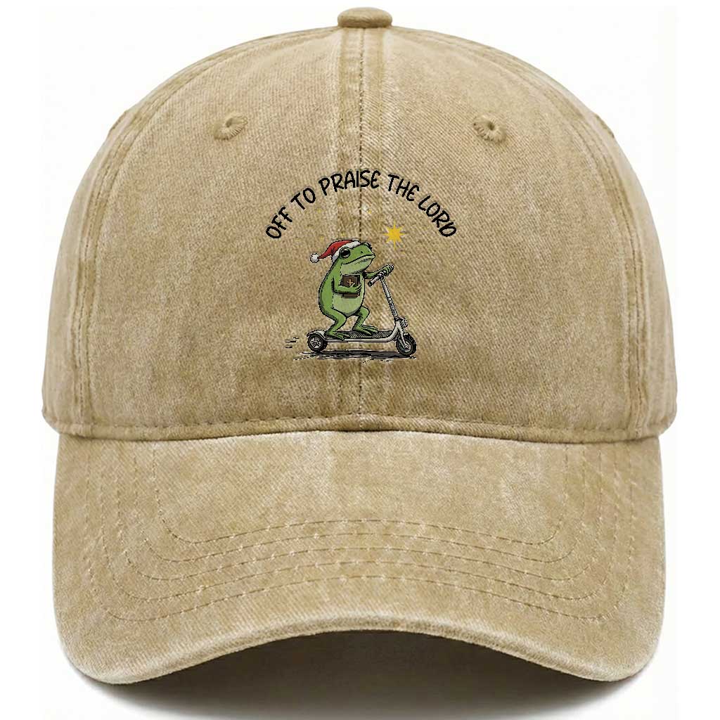 Off To Praise The Lord Washed Cotton Baseball Cap Funny Frog Christian